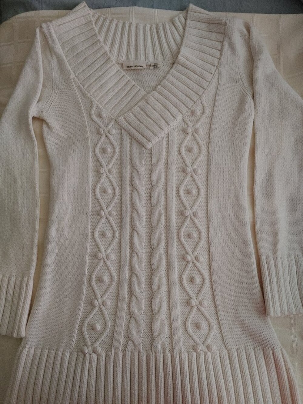 Vintage DKNY JEANS V-Neck Cream Colored Tunic Length Sweater Size XL